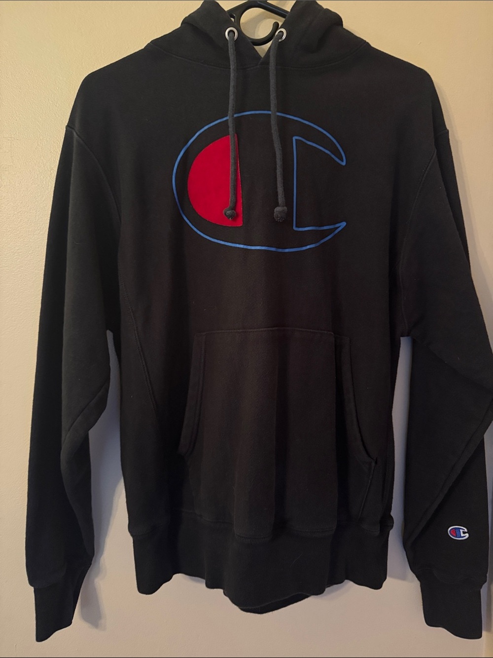 Champion Black Crewneck Hoodie with Red & Blue Logo